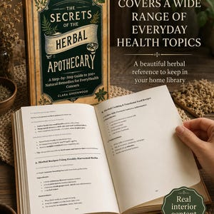 May include: A hardcover book titled The Secrets of the Herbal Apothecary by Clara Greenwood, featuring a dark green cover with botanical illustrations. An open page displays text about herbal drying methods and a recipe for Golden Milk.