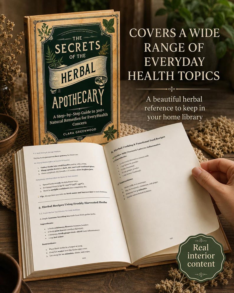 May include: A hardcover book titled The Secrets of the Herbal Apothecary by Clara Greenwood, featuring a dark green cover with botanical illustrations. An open page displays text about herbal drying methods and a recipe for Golden Milk.