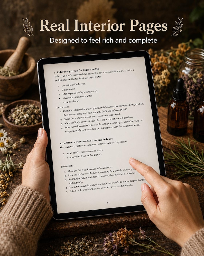 Pu&ograve; includere: Un tablet digitale che mostra una pagina intitolata Real Interior Pages con ricette per sciroppo di sambuco per raffreddore e influenza e tintura di echinacea per le difese immunitarie. Lo schermo mostra ingredienti e istruzioni per i rimedi.
