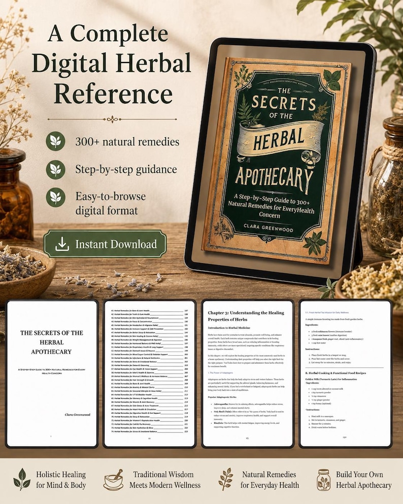 Pu&ograve; includere: Una guida di riferimento digitale sulle erbe intitolata The Secrets of the Herbal Apothecary di Clara Greenwood, visualizzata sullo schermo di un tablet. La guida include oltre 300 rimedi naturali, una guida passo dopo passo e un formato digitale.