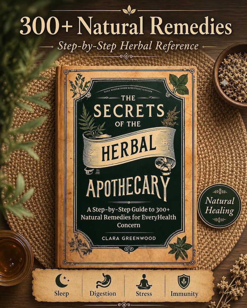 May include: A hardcover book titled The Secrets of the Herbal Apothecary by Clara Greenwood. The cover is dark green with tan borders and botanical illustrations. Text includes 300+ Natural Remedies, Step-by-Step Herbal Reference, and Natural Healing.