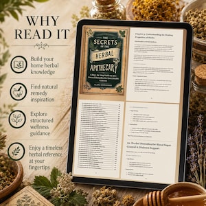 Pu&ograve; includere: Un tablet digitale che mostra la copertina del libro The Secrets of the Herbal Apothecary di Clara Greenwood, insieme a pagine interne contenenti un indice e istruzioni per rimedi erboristici, con il testo Why Read It.
