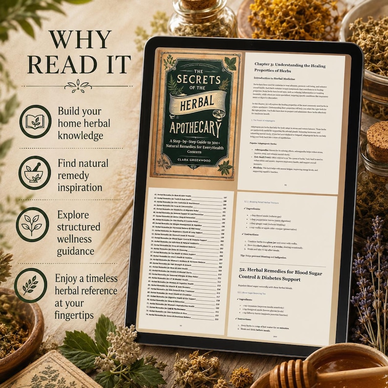 Pu&ograve; includere: Un tablet digitale che mostra la copertina del libro The Secrets of the Herbal Apothecary di Clara Greenwood, insieme a pagine interne contenenti un indice e istruzioni per rimedi erboristici, con il testo Why Read It.