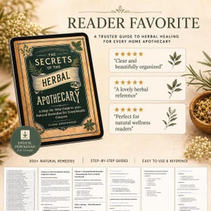 Pu&ograve; includere: Un download digitale del libro The Secrets of the Herbal Apothecary di Clara Greenwood. La copertina presenta colori verde scuro e marrone chiaro con illustrazioni botaniche. Include recensioni a cinque stelle, estratti di testo e pagine di esempio che mostrano guide passo dopo passo per rimedi naturali.