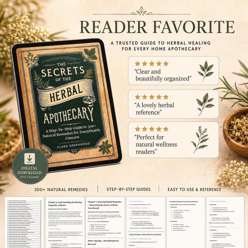 Pu&ograve; includere: Un download digitale del libro The Secrets of the Herbal Apothecary di Clara Greenwood. La copertina presenta colori verde scuro e marrone chiaro con illustrazioni botaniche. Include recensioni a cinque stelle, estratti di testo e pagine di esempio che mostrano guide passo dopo passo per rimedi naturali.