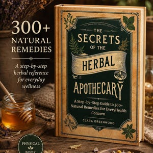 May include: A hardcover book titled The Secrets of the Herbal Apothecary by Clara Greenwood with a dark green cover, gold lettering, and botanical illustrations. The text reads 300+ Natural Remedies, A step-by-step herbal reference for everyday wellness.