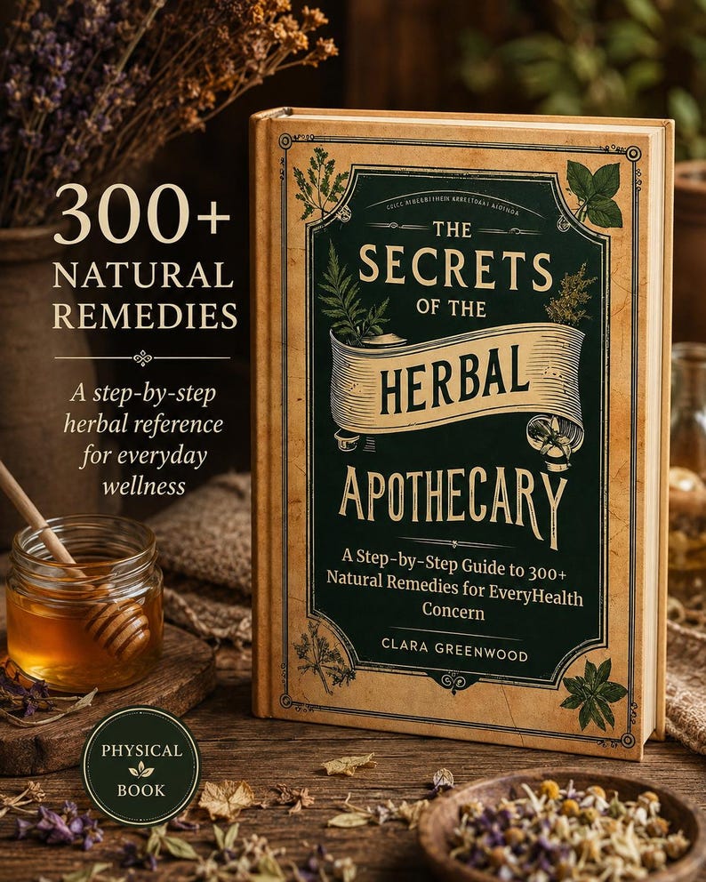 May include: A hardcover book titled The Secrets of the Herbal Apothecary by Clara Greenwood with a dark green cover, gold lettering, and botanical illustrations. The text reads 300+ Natural Remedies, A step-by-step herbal reference for everyday wellness.