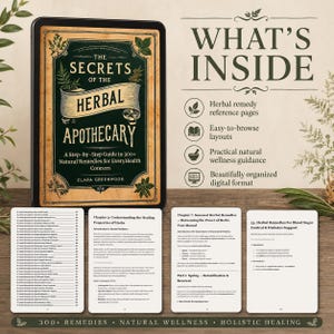 Pu&ograve; includere: Un libro digitale intitolato The Secrets of the Herbal Apothecary di Clara Greenwood, caratterizzato da una copertina verde scuro con illustrazioni botaniche. L'immagine mostra il libro accanto a quattro pagine interne con indice e testo.
