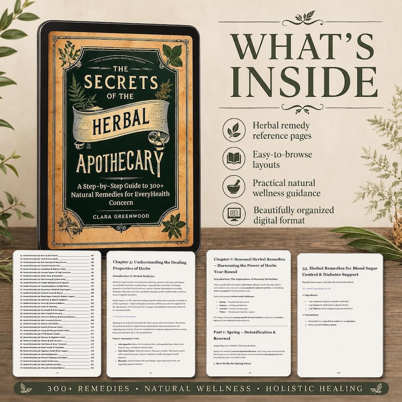 Pu&ograve; includere: Un libro digitale intitolato The Secrets of the Herbal Apothecary di Clara Greenwood, caratterizzato da una copertina verde scuro con illustrazioni botaniche. L'immagine mostra il libro accanto a quattro pagine interne con indice e testo.
