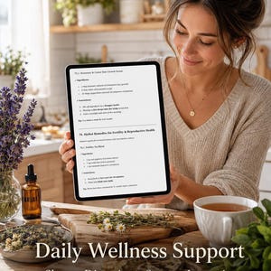 Pu&ograve; includere: Un tablet che mostra un documento intitolato Rosemary & Castor Hair Growth Serum e Herbal Remedies for Fertility & Reproductive Health, con elenchi di ingredienti e istruzioni, e il testo Daily Wellness Support Sleep Digestion Stress Immunity.