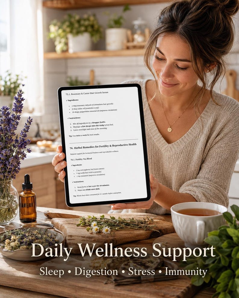 Pu&ograve; includere: Un tablet che mostra un documento intitolato Rosemary & Castor Hair Growth Serum e Herbal Remedies for Fertility & Reproductive Health, con elenchi di ingredienti e istruzioni, e il testo Daily Wellness Support Sleep Digestion Stress Immunity.