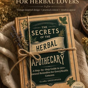 May include: A hardcover book titled The Secrets of the Herbal Apothecary by Clara Greenwood, featuring a tan cover with a dark green central panel, decorative botanical illustrations, and a twine bow holding a sprig of dried lavender on the front.