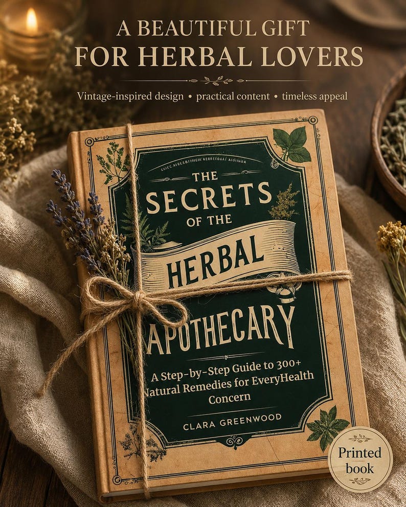 May include: A hardcover book titled The Secrets of the Herbal Apothecary by Clara Greenwood, featuring a tan cover with a dark green central panel, decorative botanical illustrations, and a twine bow holding a sprig of dried lavender on the front.