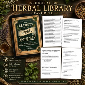 Pu&ograve; includere: Una guida digitale alla biblioteca delle erbe intitolata The Secrets of the Herbal Apothecary di Clara Greenwood. Il display mostra una copertina di libro con accenti verdi e dorati, insieme a diverse pagine bianche con capitoli di testo.