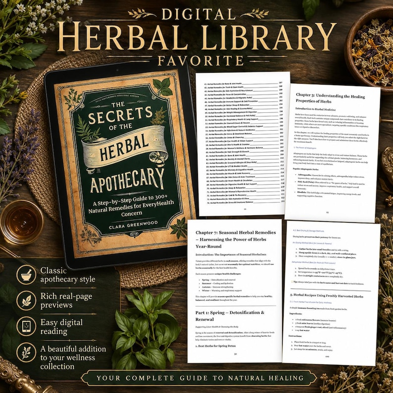 Pu&ograve; includere: Una guida digitale alla biblioteca delle erbe intitolata The Secrets of the Herbal Apothecary di Clara Greenwood. Il display mostra una copertina di libro con accenti verdi e dorati, insieme a diverse pagine bianche con capitoli di testo.