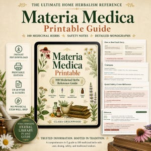 May include: A digital Materia Medica printable guide featuring 100 medicinal herbs, safety notes, and detailed monographs. The cover displays botanical illustrations, a mortar and pestle, and stacked books. Includes pages for reading entries, contents, and safety cross-references.