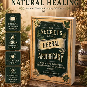May include: A paperback book titled The Secrets of the Herbal Apothecary by Clara Greenwood. The cover is dark green with gold accents and botanical illustrations. Text includes A Timeless Guide to Natural Healing and 300+ Natural Remedies.