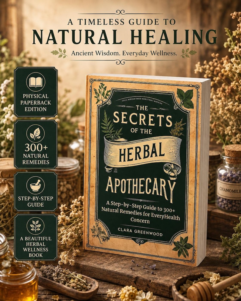 May include: A paperback book titled The Secrets of the Herbal Apothecary by Clara Greenwood. The cover is dark green with gold accents and botanical illustrations. Text includes A Timeless Guide to Natural Healing and 300+ Natural Remedies.