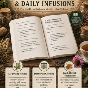 May include: An open paperback book titled Learn Drying, Storage & Daily Infusions, featuring text on herbal techniques, drying methods, and recipes. Below the book are three informational panels detailing air drying, dehydrator methods, and tea infusion.