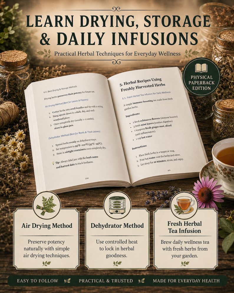 May include: An open paperback book titled Learn Drying, Storage & Daily Infusions, featuring text on herbal techniques, drying methods, and recipes. Below the book are three informational panels detailing air drying, dehydrator methods, and tea infusion.