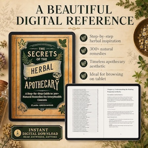 Pu&ograve; includere: Una guida di riferimento digitale intitolata The Secrets of the Herbal Apothecary di Clara Greenwood. L'immagine mostra una copertina di libro con accenti verde scuro e crema, un tablet con un indice e testo sui rimedi naturali.