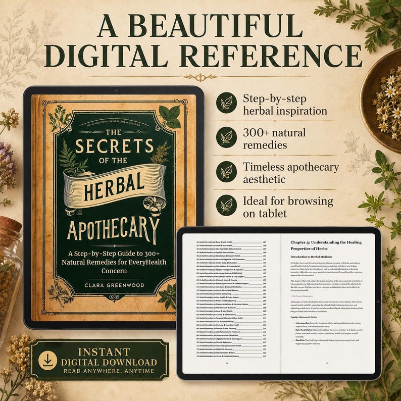Pu&ograve; includere: Una guida di riferimento digitale intitolata The Secrets of the Herbal Apothecary di Clara Greenwood. L'immagine mostra una copertina di libro con accenti verde scuro e crema, un tablet con un indice e testo sui rimedi naturali.