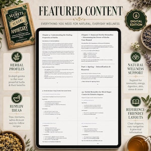 Pu&ograve; includere: Un tablet digitale che mostra pagine di The Secrets of the Herbal Apothecary, con testo su medicina erboristica, rimedi stagionali e ricette. Lo schermo mostra capitoli sulle propriet&agrave; curative, la disintossicazione primaverile e il controllo.