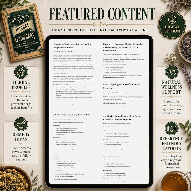 Pu&ograve; includere: Un tablet digitale che mostra pagine di The Secrets of the Herbal Apothecary, con testo su medicina erboristica, rimedi stagionali e ricette. Lo schermo mostra capitoli sulle propriet&agrave; curative, la disintossicazione primaverile e il controllo.