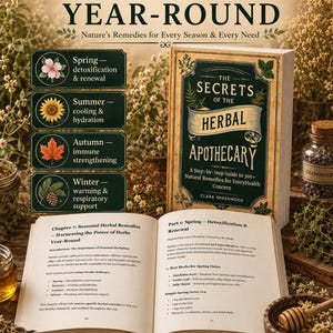 May include: A hardcover book titled The Secrets of the Herbal Apothecary by Clara Greenwood, displayed open to show pages about seasonal herbal remedies. The cover features dark green text on a cream background with botanical illustrations.