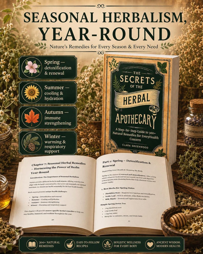 May include: A hardcover book titled The Secrets of the Herbal Apothecary by Clara Greenwood, displayed open to show pages about seasonal herbal remedies. The cover features dark green text on a cream background with botanical illustrations.