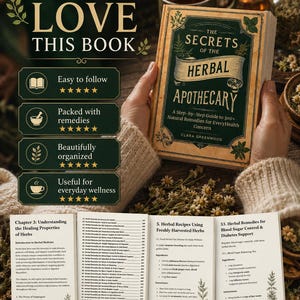 May include: A hardcover book titled The Secrets of the Herbal Apothecary by Clara Greenwood, featuring a dark green and tan cover with botanical illustrations. The book is displayed alongside an open interior page showing a table of contents.