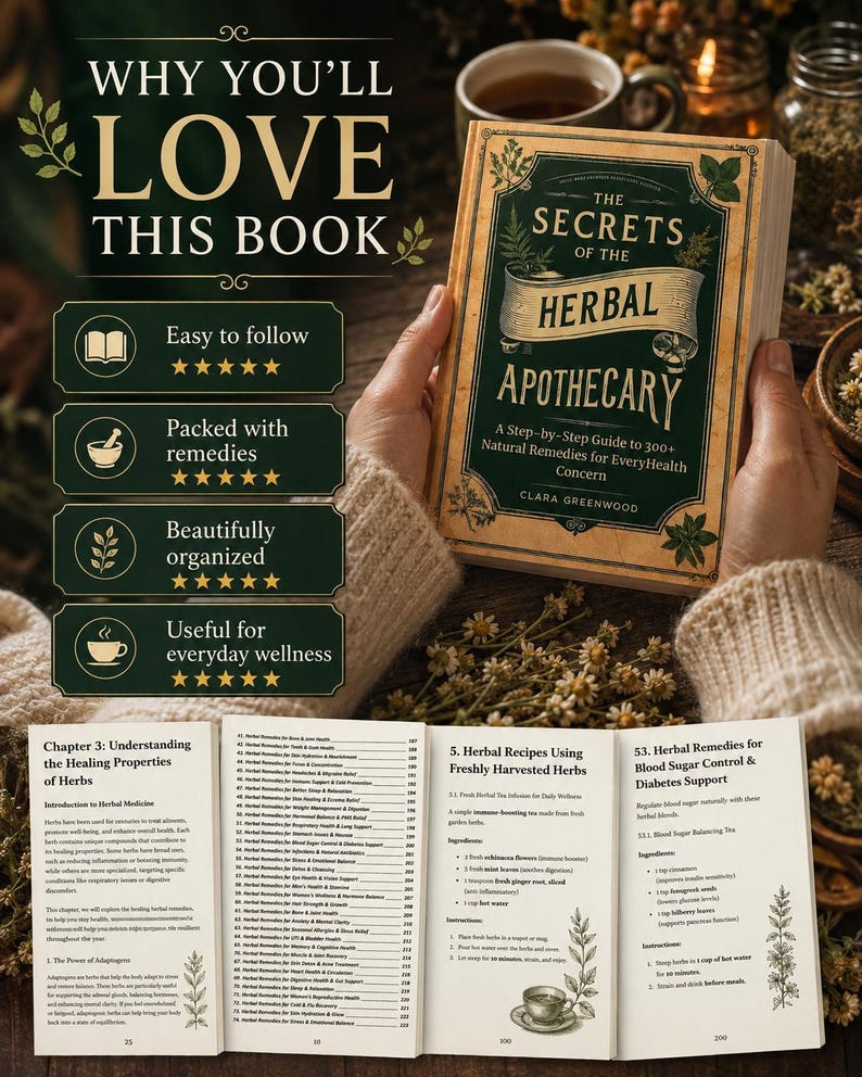 May include: A hardcover book titled The Secrets of the Herbal Apothecary by Clara Greenwood, featuring a dark green and tan cover with botanical illustrations. The book is displayed alongside an open interior page showing a table of contents.