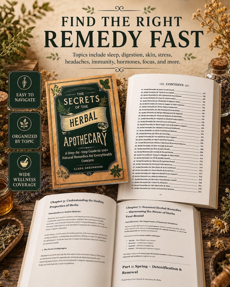May include: A book titled The Secrets of the Herbal Apothecary by Clara Greenwood, shown with its cover, a contents page, and two open pages. The text includes Find the Right Remedy Fast and lists various health topics and herbal remedies.