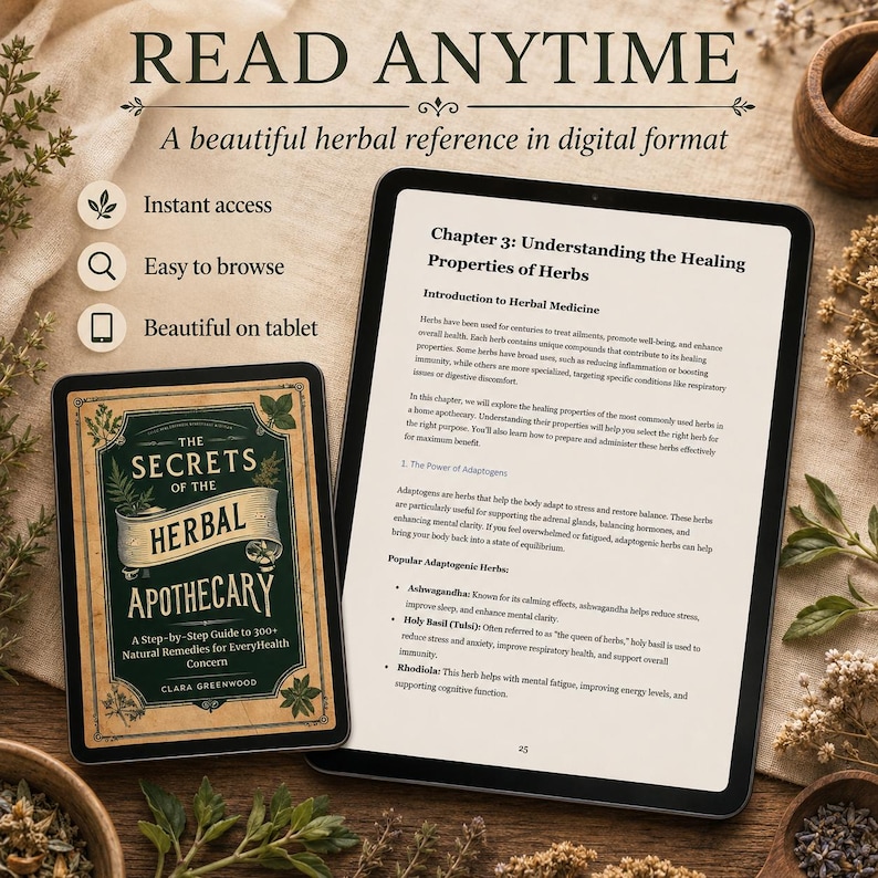 Pu&ograve; includere: Una guida di riferimento digitale sulle erbe intitolata The Secrets of the Herbal Apothecary di Clara Greenwood visualizzata su due tablet. Lo schermo mostra testo sulle propriet&agrave; curative di erbe, adattogeni, ashwagandha, basilico sacro e rhodiola.