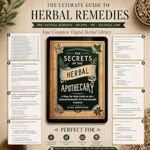 Pu&ograve; includere: Un tablet digitale mostra la copertina di un libro intitolato The Secrets of the Herbal Apothecary di Clara Greenwood, circondato da otto schede informative che descrivono rimedi erboristici, ricette e guide per la cura stagionale.