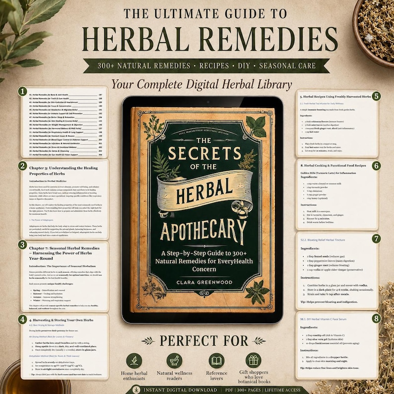 Pu&ograve; includere: Un tablet digitale mostra la copertina di un libro intitolato The Secrets of the Herbal Apothecary di Clara Greenwood, circondato da otto schede informative che descrivono rimedi erboristici, ricette e guide per la cura stagionale.