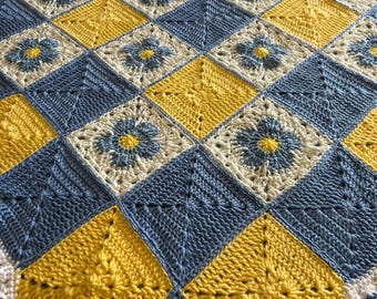 Crochet Granny Square Blanket - Blue and Yellow with Flowers