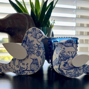 Blue and White Wooden Birds. Set of 2. Shelf Sitters