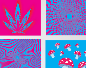 Pyschedelic Wall Art, Indie Room Decor, Cool 70s Posters for College Dorm, Set of 4 Downloadable Poster Bundle