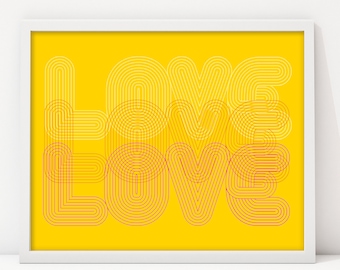 Love Print, Retro 80s Poster, Love Word Typography, Yellow 70s decor, Modern Pride Decor, Love is Love