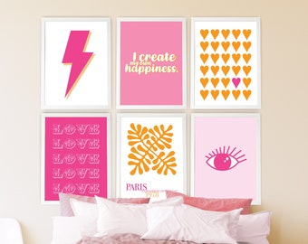 Pink and Orange Preppy Wall Art Set, Printable Dorm Room Art also Great for a Girls Bed Room, Gallery Wall Set of 6 Downloadable Prints