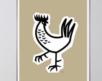 Rooster Illustration, Farmhouse Chicken Print, Country Poster, Neutral Kitchen Art