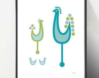 Danish Modern Teal Birds Art Print, 70s Design
