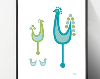 70s Decor Birds Art Print, Mid Century Danish Modern Print, Teal Kitchen Wall Art