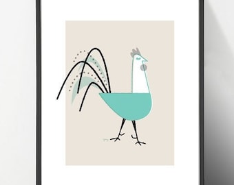 Teal Rooster Print, Mid Century Comic Art