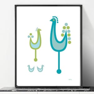 70s Decor Birds Art Print, Mid Century Danish Modern Print, Teal Kitchen Wall Art
