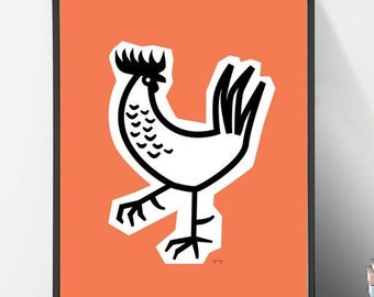 Chicken Illustration Print, Red Rooster Kitchen Art, Modern Farmhouse Kitchen Print, Kids Animal Print