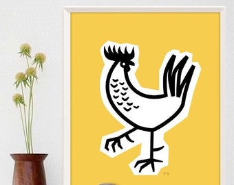 Retro Kitchen Print, Yellow Chicken Decor, Farmhouse Modern Wall Art, Vintage Design Poster