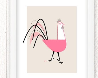 Retro Chicken Poster, Retro Cartoon Rooster, Pink Kitchen Print, Kids Room Animal Art