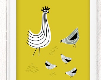 Scandinavian Kitchen Print, Chicken Illustration, Art for Kitchen, Mid Century Modern Chicken Poster